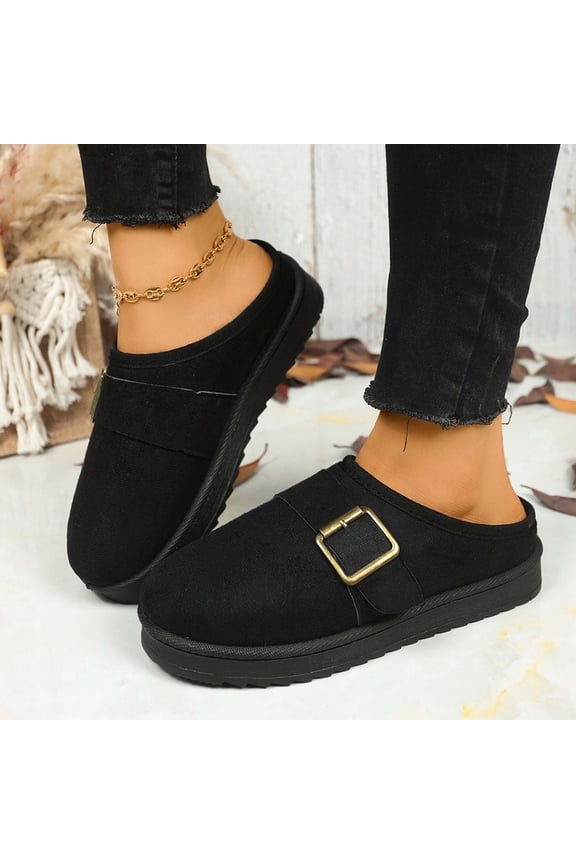Womens Winter Fall Slippers - Warm Fleece Lined, Anti-Slip Sole, Mule Style with Metal Buckle, Black, Indoor Outdoor Use for Women,Size 39