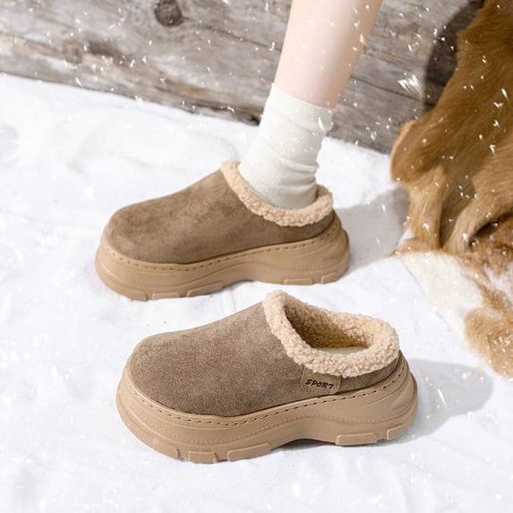 AVRNLIQ Womens Winter Platform Mule Slippers - Cozy Pl-sh Lined, Brown, Anti-Slip, 1.2-2" Height Boost, US 5-10, Soft Flock Upper, Backless for Female,Size 38