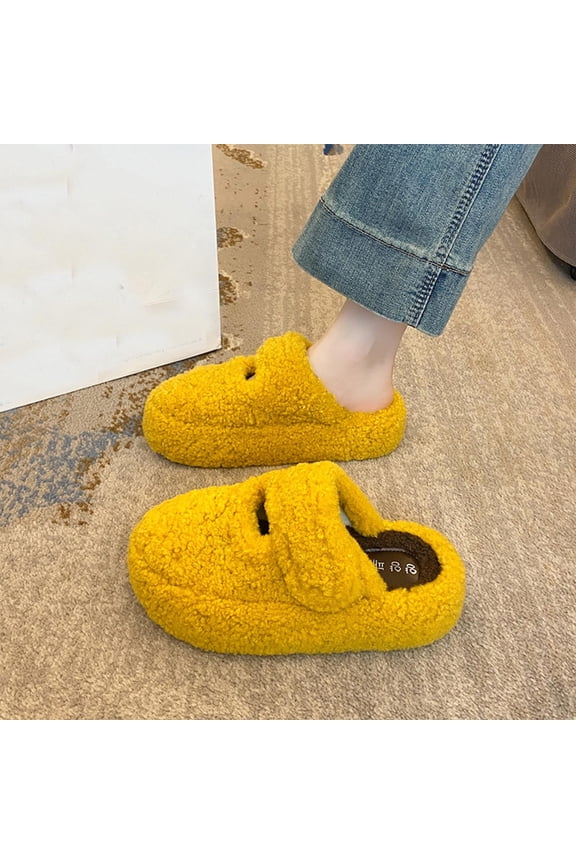 Womens Yellow Fuzzy Closed-Toe Slippers - Nylon-Spandex Non-Slip Warm Slippers with Adjustable Strap for Ladies’ Indoor Home Use,Size 38