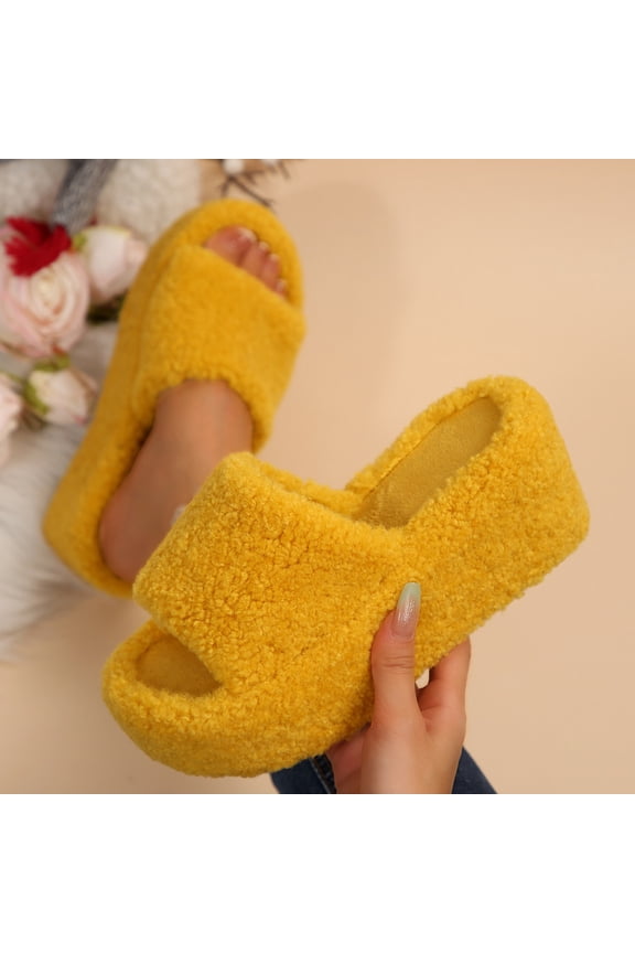 Womens Yellow Pl-sh Platform Slippers - 100% Polyester Warm Open-Toe Shoes, Comfortable Shock-Absorbing Indoor Outdoor Fall Winter Slippers (Sizes 36-43),Size 39