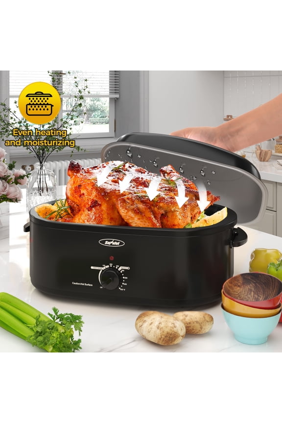 18 Quart Turkey Electric Roaster Oven with Self-Basting Lid, Stainless Steel, Black