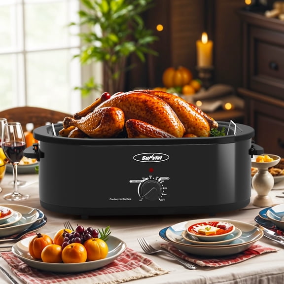 SUNVIVI 20 Quart Turkey Electric Roaster Oven with Self-Basting Lid, Stainless Steel, Black