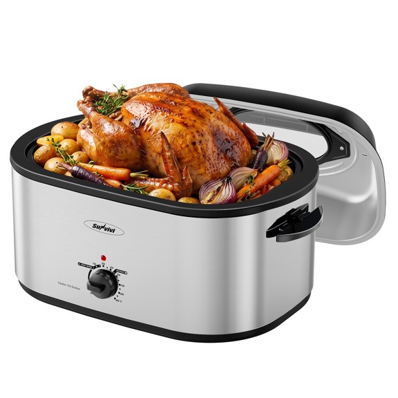 SUNVIVI 28QT Electric Roaster Oven, Stainless Steel Silver Large Capacity Roast Chicken Oven with Adjustable Temperature Control