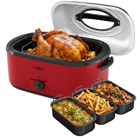SUNVIVI 28QT Electric Roaster Oven W/ 3*2QT Tray, 150°F-450°F Adjustable Large Capacity Cooker for Chicken & Turkey with Viewing Window & Steaming Tray, Red