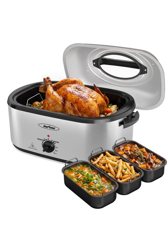28QT Electric Roaster Oven W/ 3*2QT Tray, 150°F-450°F Adjustable Large Capacity Cooker for Chicken & Turkey with Viewing Window & Steaming Tray, Silvery