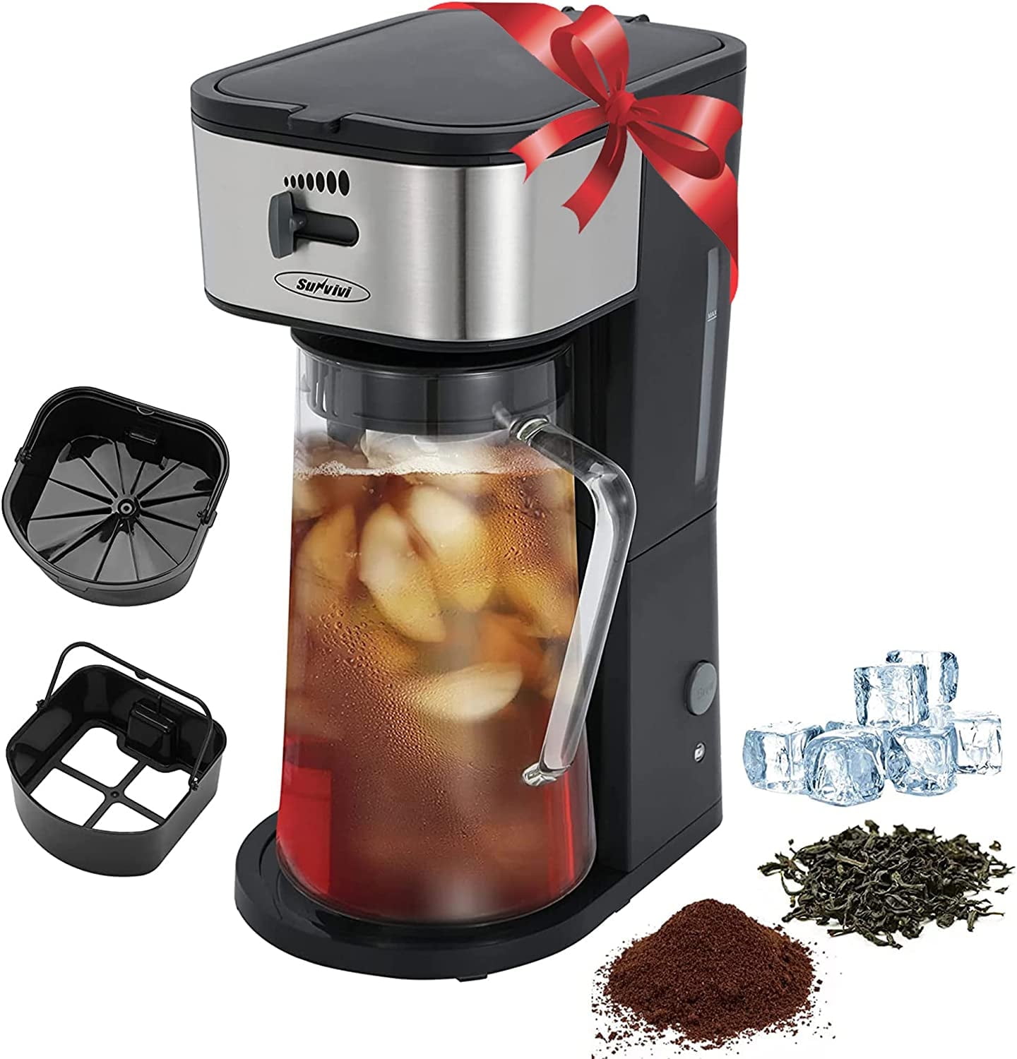 SUNVIVI 3 Quart Iced Tea Coffee Maker with Glass Pitcher,Iced Tea Coffee  Maker with Strength Selector,Stainless Steel, Black 