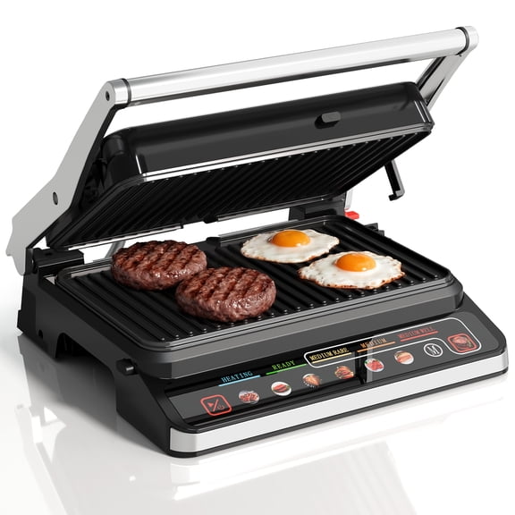 SUNVIVI 3in1 Indoor Electric Grill, Panini Press & Sandwich Maker, 1600W 8 Cooking Modes, 180 Flat Open, Adjustable Temp, Ceramic Nonstick Removable DishwasherSafe Plates, Stainless Steel