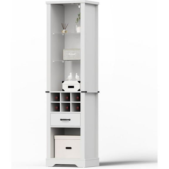 SUNVIVI 75'' Tall Storage Cabinet with LED Light, Farmhouse Pantry Cabinet with Tempered Glass Adjustable Shelves & Wine Storage Rack, Freestanding Linen Tower for Bathroom, Living Room,White