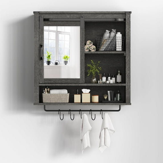 SUNVIVI Bathroom Cabinet Wall Mount with Sliding Mirror Door, Over The Toilet Storage Cabinet, Farmhouse Medicine Cabinet with Shelves and Towel Bar for Living Room, 28" W x 29" H, Dark Grey