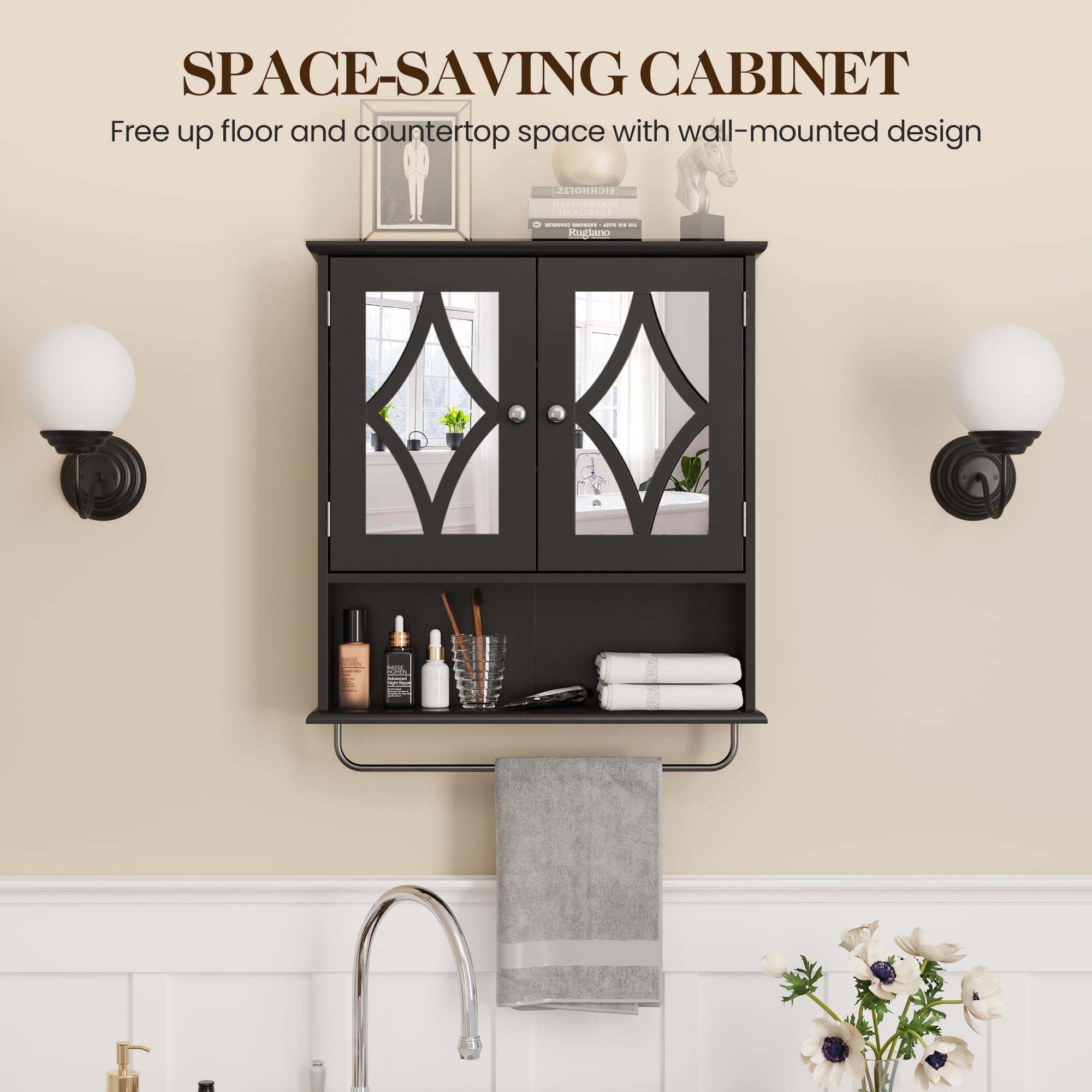 SUNVIVI Bathroom Medicine Cabinet with Mirror, Vanity Wall Mounted Storage Cabinet with Adjustable Shelves and Towel Bar, Hanging Wall Cabinet for Bathroom, Laundry, Living Room, Black