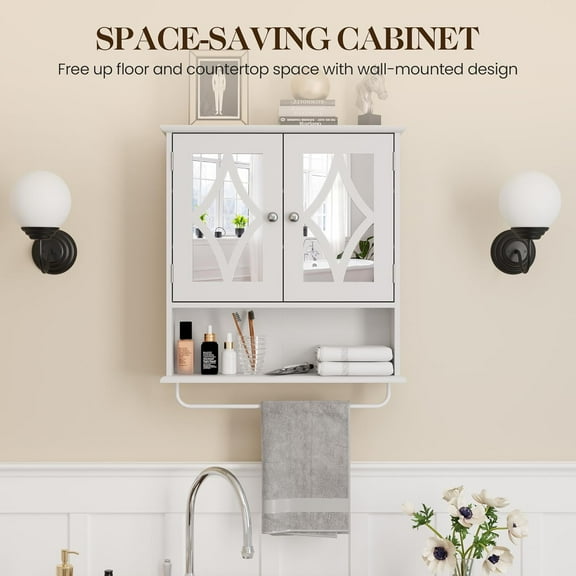 SUNVIVI Bathroom Medicine Cabinet with Mirror, Vanity Wall Mounted Storage Cabinet with Adjustable Shelves and Towel Bar, Hanging Wall Cabinet for Bathroom, Laundry, Living Room, White