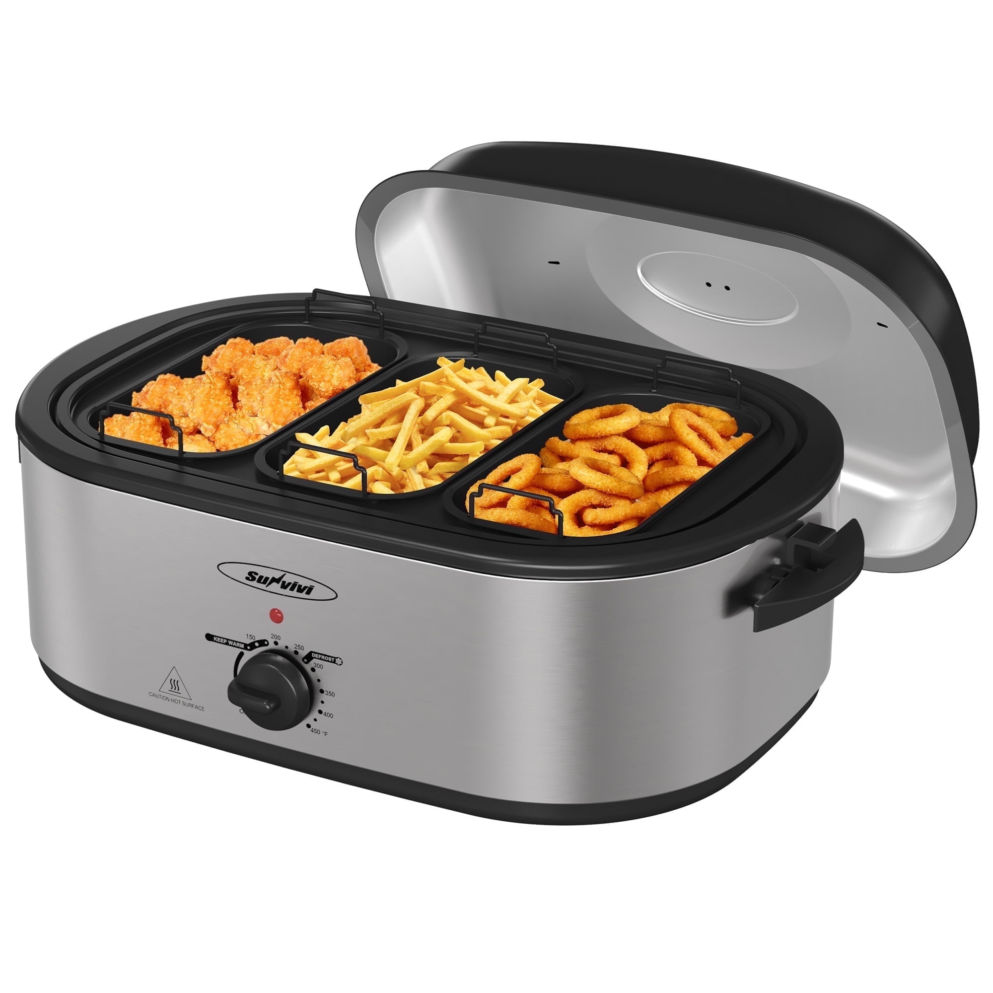 Walmart Coupons of Sunvivi Electric Roaster Oven, 20 QT Roaster with 3 Compartments and Self-Basting Lid, Turkey Roaster Oven with 150-450Â°F Full-Range Temperature Control, Removable Pan & Rack, Silver