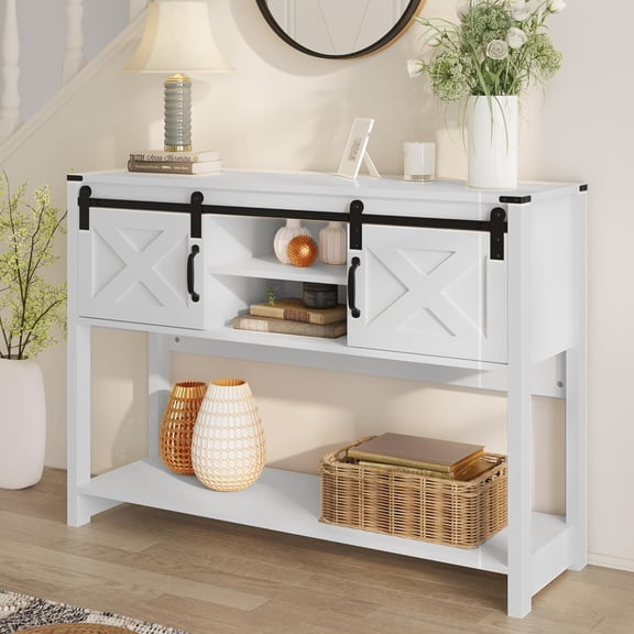 SUNVIVI Entryway Table with Storage Cabinets, 46" Modern Farmhouse Console Table with Sliding Barn Door, Wood Rustic Sofa Table with Adjustable Shelf for Hallway, Living Room