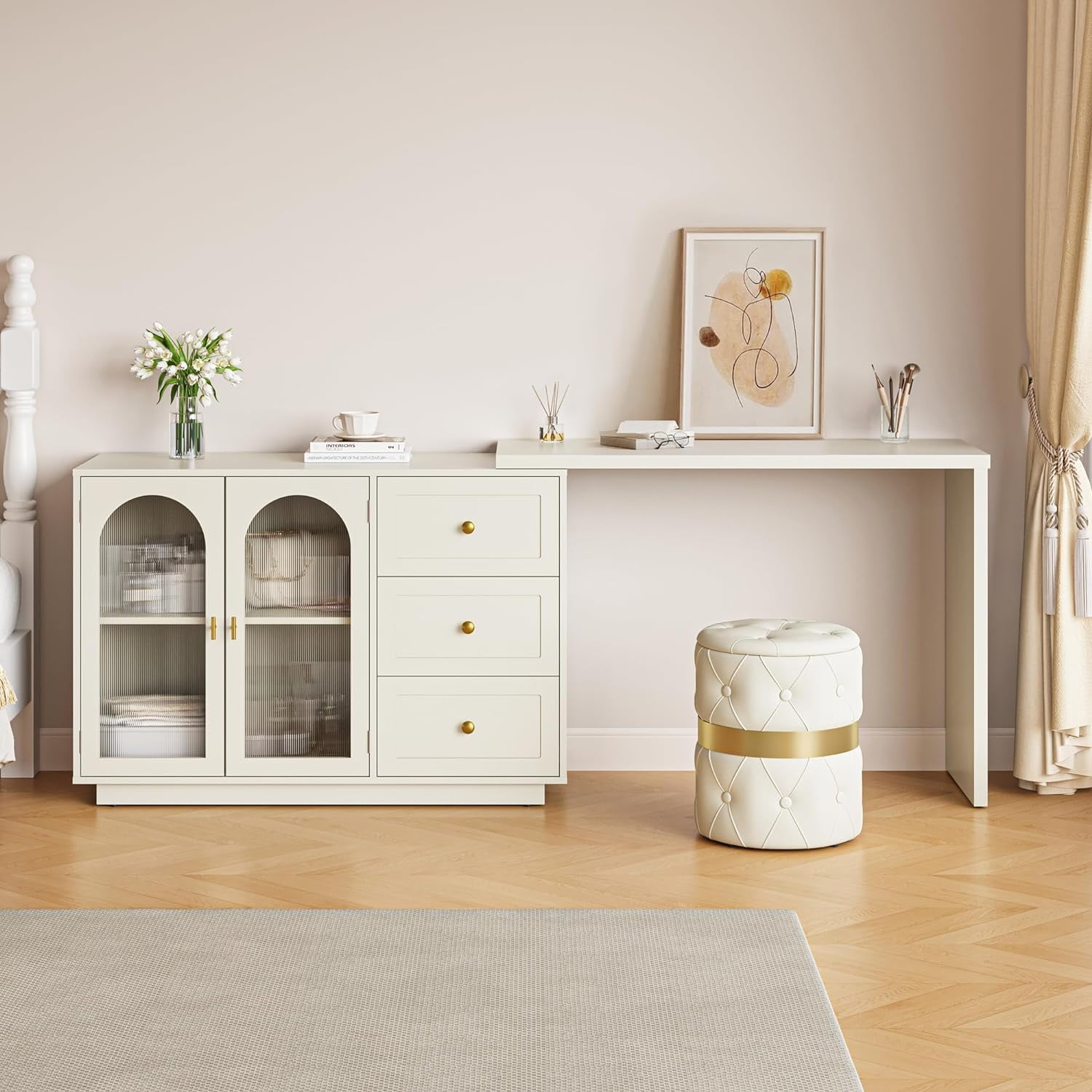 SUNVIVI Makeup Vanity Desk, Extendable Corner Vanity Makeup Table with ...