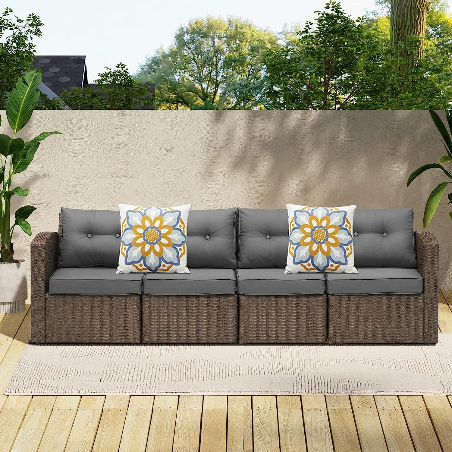 SUNVIVI OUTDOOR Patio Couch Sofa,4Seat Outdoor Wicker Brown Rattan