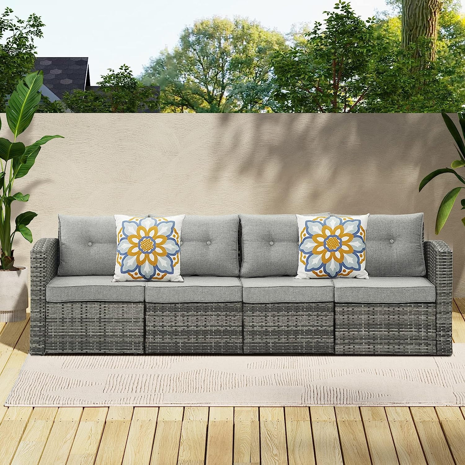 SUNVIVI OUTDOOR Patio Couch Sofa,4Seat Outdoor Wicker Grey Rattan