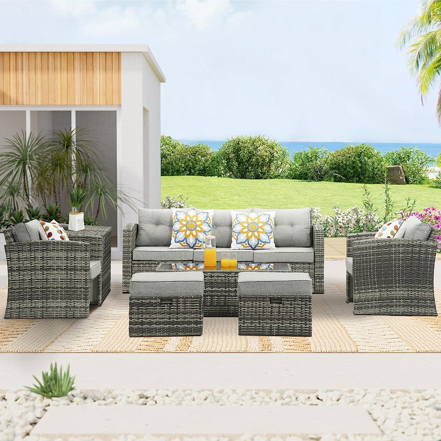 SUNVIVI OUTDOOR Wicker Patio Furniture Sets with Storage Box, 9 Pieces