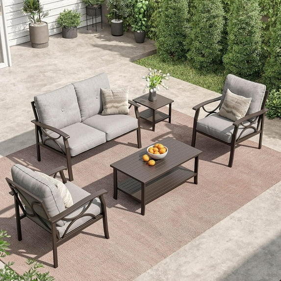 SUNVIVI Outdoor Patio Furniture Set, Patio Conversation Set with Coffee Table Side Table and Ottomans, Metal Furniture Set for Porch Backyard Garden