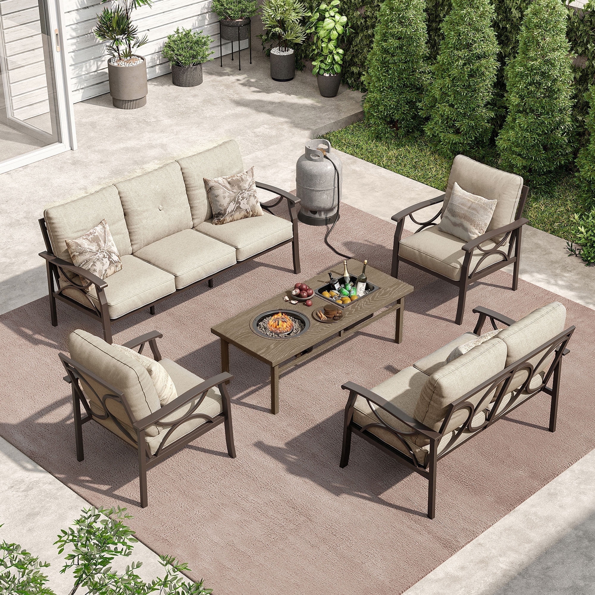 SUNVIVI Outdoor Patio Furniture Set, Patio Conversation Set with Coffee Table Side Table and Ottomans, Metal Furniture Set for Porch Backyard Garden