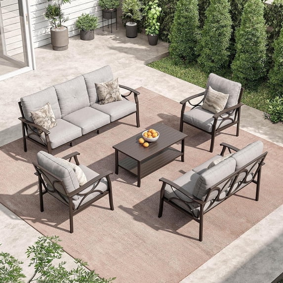 SUNVIVI 5 Pieces Outdoor Patio Furniture Set, Patio Conversation Set with Coffee Table Side Table and Ottomans, Metal Furniture Set for Porch Backyard Garden