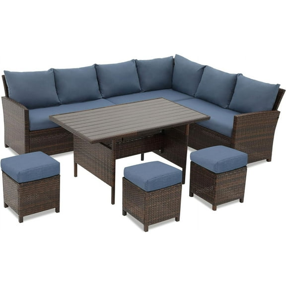 SUNVIVI Patio Furniture Set, High Curved Back Outdoor Dining Sectional Sofa with Dining Table and Chair, All Weather Wicker Conversation Set with Ottoman