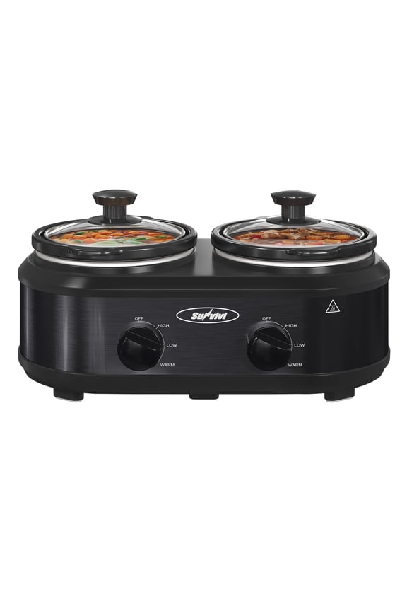 Small Double Slow Cooker, 2 Pot 1.25 Quart Oval Crock Food Warmer Buffet Server, Stainless Steel