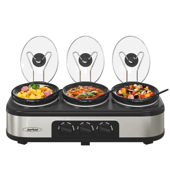 Sunvivi Small Slow Cooker Triple Food Warmer Buffet Servers with 3 Ceramic Pot 1.5 Quart Crock, Perfect for Parties, Entertaining & Holidays