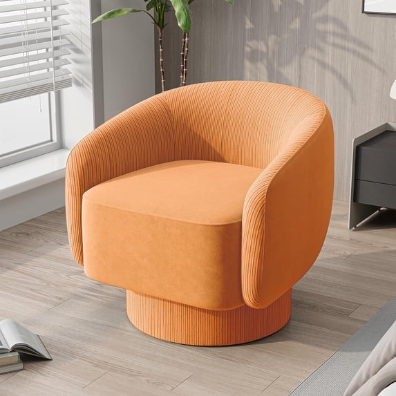 SUNVIVI Swivel Barrel Chair, Comfy Accent Chair with 360-Degree Base, Orange Velvet Upholstered Chair, Modern Round Club Chair for Living Room, Bedroom, Office