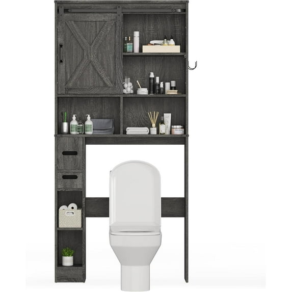 SUNVIVI Over The Toilet Storage Cabinet, Farmhouse Storage Cabinet Over Toilet with Sliding Barn Door, Home Space-Saving Toilet Rack, Behind Toilet Bathroom Organizer for Bathroom, Dark Grey