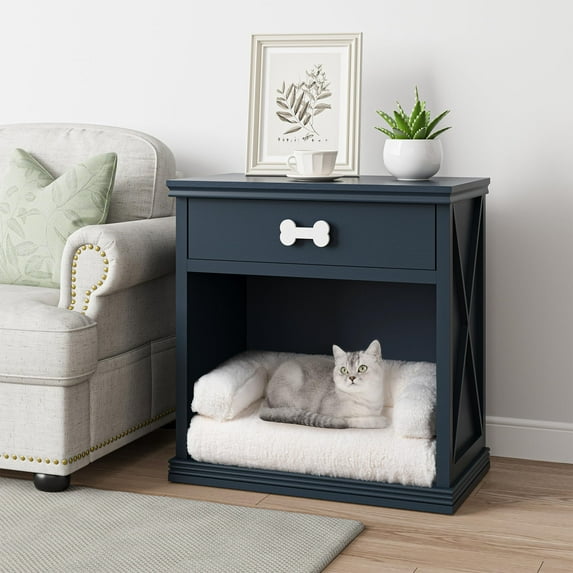 SUNVIVI Vintage Small Storage Cabinet with Led Light, Hidden Cat Litter Box with Drawer and Semi-open Space, Multi-Functional Nightstands with Pet House for Living Room, Bedroom, Blue