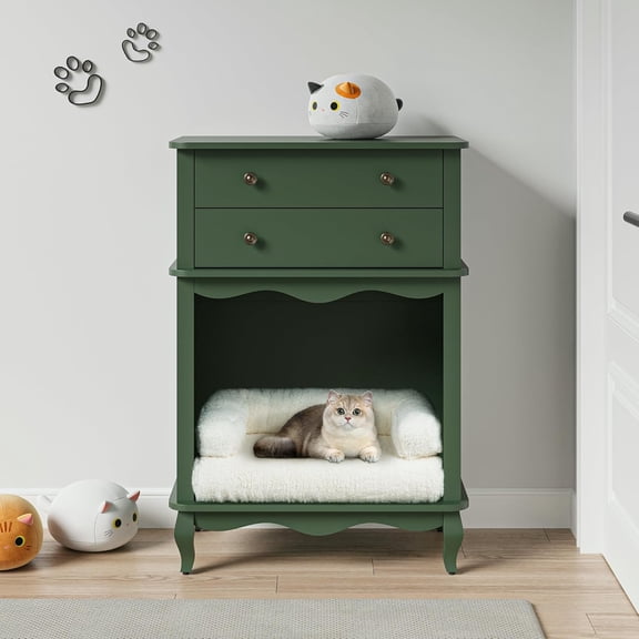 SUNVIVI Vintage Small Storage Cabinet with Pet House, 2 Drawers and Semi-open Space, Hidden Cat Litter Box, Multi-Functional End Table for Living Room, Entrance, Green