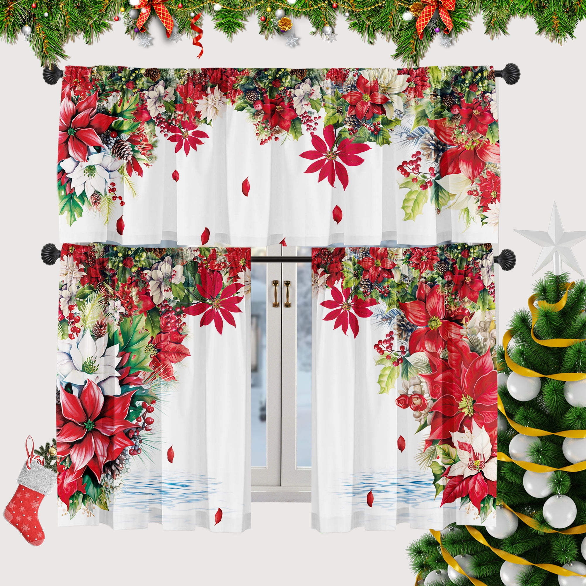 SUNWISHA Christmas Poinsettia Curtain Valances for Kitchen 3 Piece Set 52'' Lx18'' W & 36'' L x 26'' W x2 Red