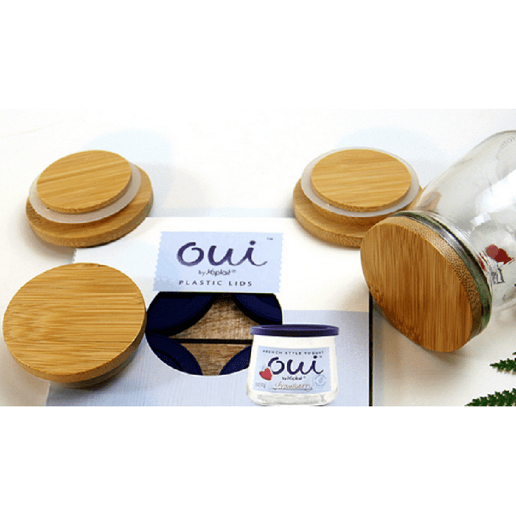 SUNYOK 4 PackOui Yogurt Bamboo Jar Lids Set, Oui Yogurt Jars Wooden Lids  with Silicone Sealing Rings, Used to Store Snacks, Cookies and Screws etc.  