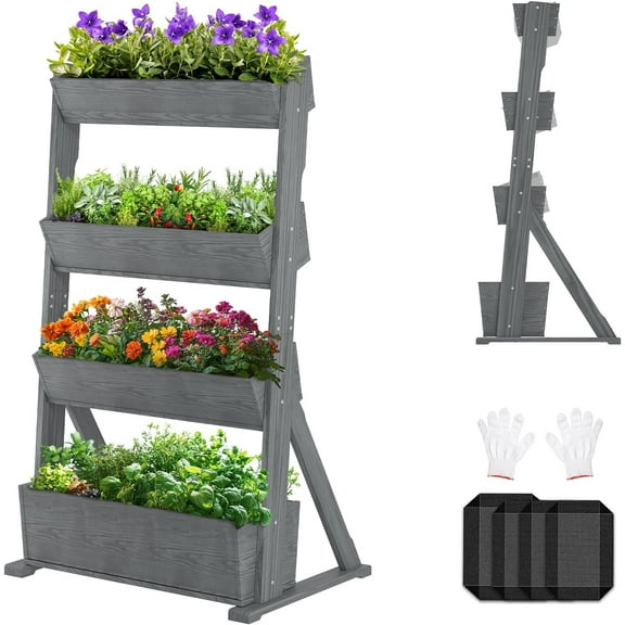 SUNYRISY 4 Tiers Vertical Raised Garden Bed Outdoor Planter Tower, Wooden Freestanding Planter Box for Planting Herbs Flowers Vegetables Backyard Patio Balcony Indoor Outdoor Gardening, Grey