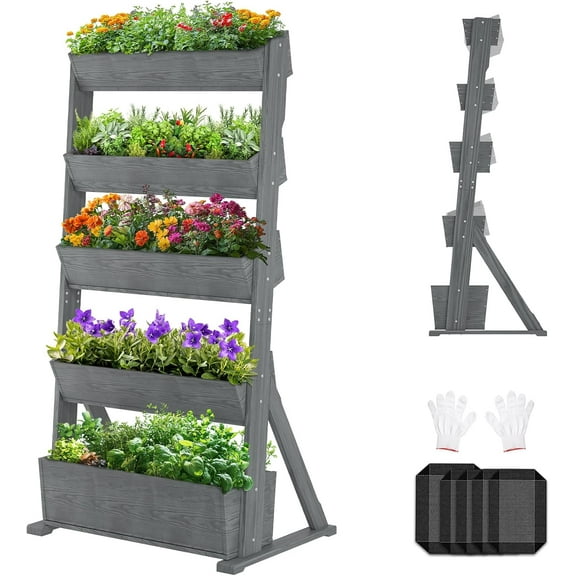 SUNYRISY 5 Tiers Vertical Raised Garden Bed Outdoor Planter Tower, Wooden Freestanding Planter Box for Planting Herbs Flowers Vegetables Backyard Patio Balcony Indoor Outdoor Gardening, Grey
