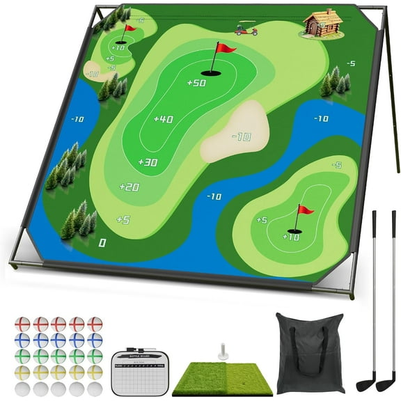 SUNYRISY Golf Chipping Game with 80”x80” Large Chipping Mat, 2 Golf Clubs, 25 Sticky Balls, Outdoor Indoor Sports Training Toy Gift for Adults, Family Yard Target Game
