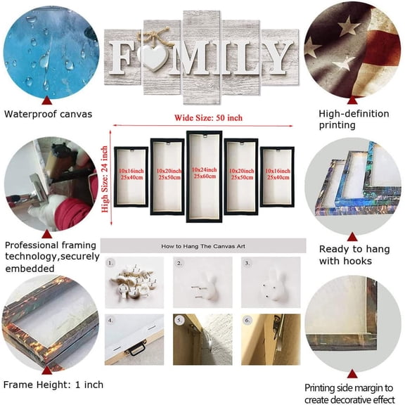 SUNYSUBY 5PCS/Set FAMILY Sign Rustic Beige Wood Grain Large Framed Hand-Made Wall Art Artwork On Stretched Canvas Print Oil Painting Decor for Home Living Room Ready to Hang (FAMILY LOVE, W50 x H24)