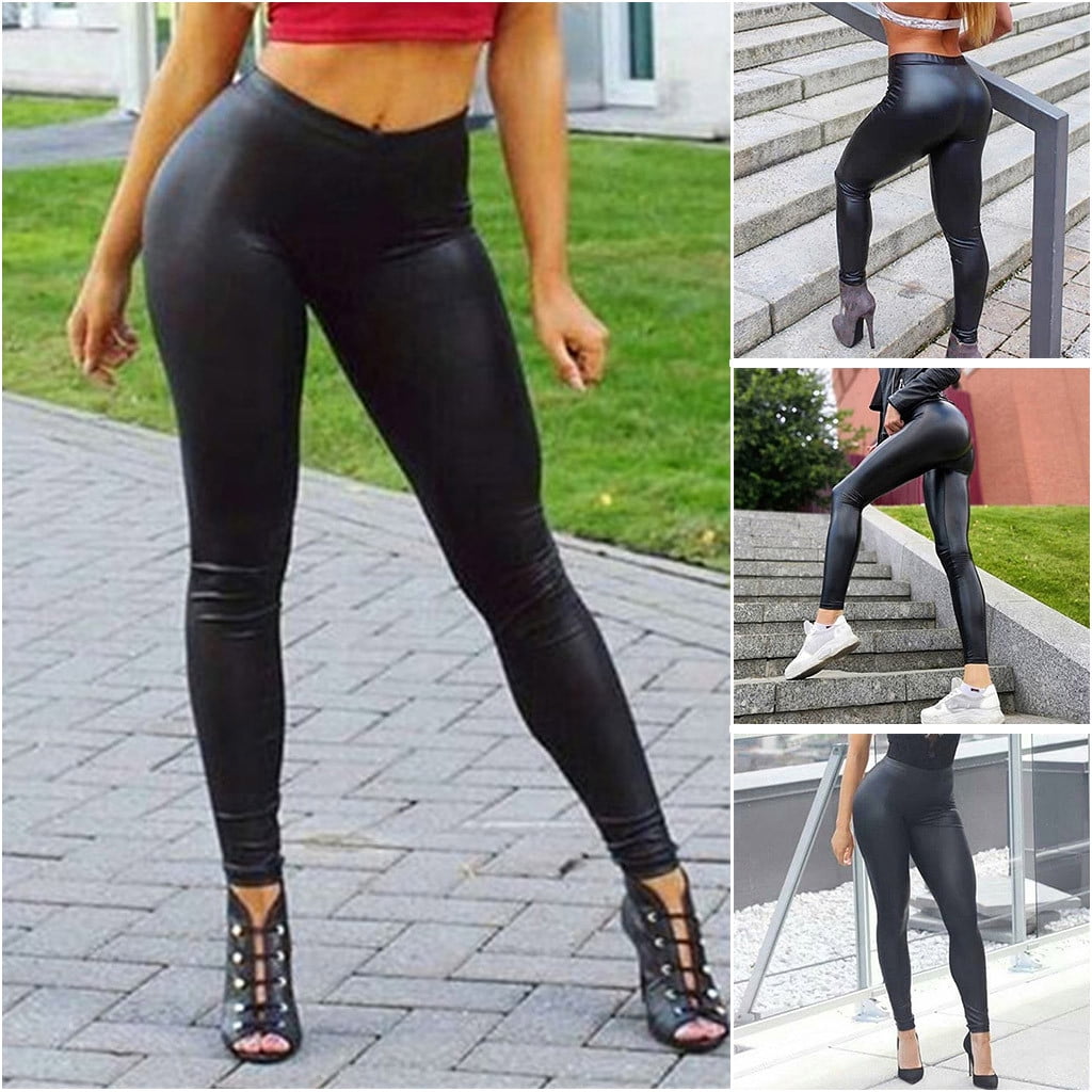 Women Sexy Wet Look Faux Leather Leggings Plus Size High-waist Stretch Pants