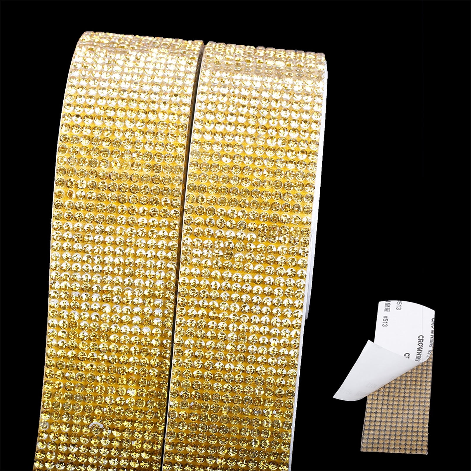 FULZTEY 3 Rolls Bling Rhinestone Ribbon - 1cm Wide Champagne Glass Gems Sticker For DIY Car & Party Decor