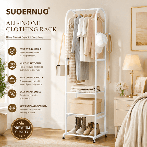 SUOERNUO Clothes Rack With Wheels and 3-Tier Metal Shelves,Clothing Rack For Hanging Clothes With 4 Hooks,Garment Rack Wardrobe Organizer for Small Space