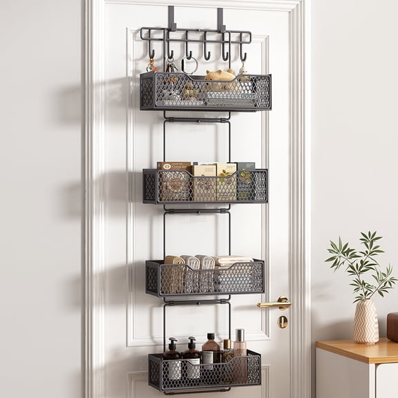 SUOERNUO Over The Door Organizer - Hanging Door Organizer with 4 Metal Large Capacity Baskets and Adjustable Coat Hook for Bathroom Bedroom Kitchen Pantry Closet Cabinet, Black