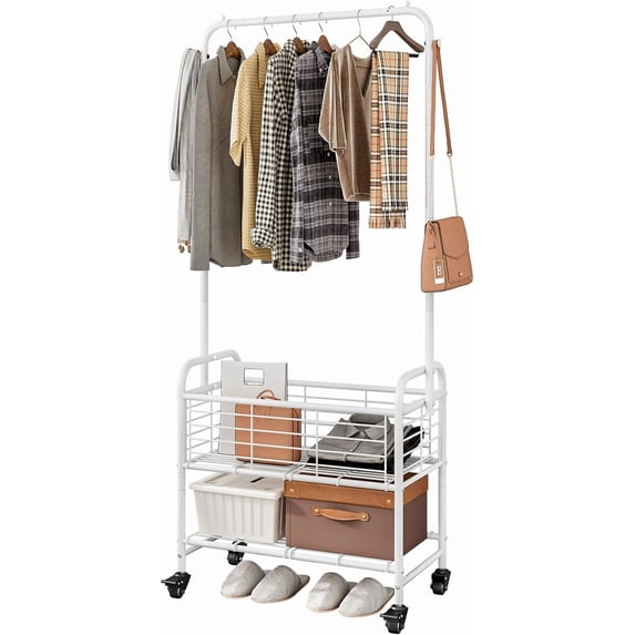 Laundry Basket with Wheels Rolling Laundry Hamper Laundry Sorter Cart Shelf Hanging Rack,White