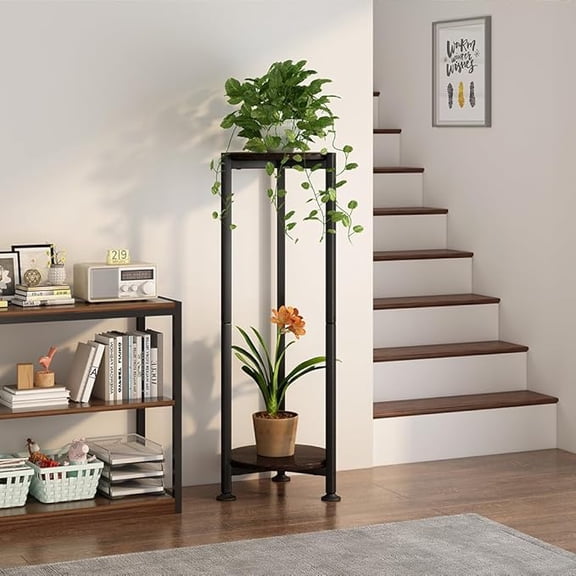 SUOERNUO Plant Stand Plant Stand Indoor Outdoor 2 Tier Tall Metal Corner Storage Tiered Plant Shelf Holder Multiple for Living Room Balcony Garden,Black Oak