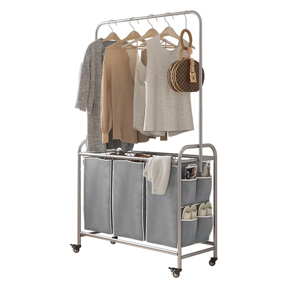 SUOERNUO Portable Rectangle Rubber Wheeled Laundry Sorter Cart - 3 Removable Bags, Lockable Rolling Wheels, Industrial Hanger, Collapsible Detachable Space Saver, Collapsible Laundry Hamper for Livin