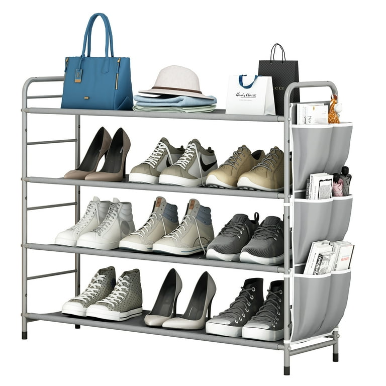 SUOERNUO Shoe Rack Storage Organizer 4 Tier Free Standing Metal Shoe Shelf  Compact Shoe Organizer with Side Bag for Entryway Closet Bedroom, Grey