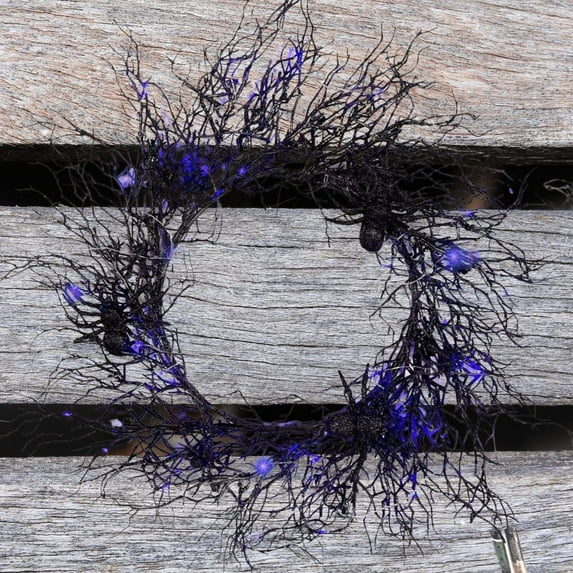 SUOKOM Halloween Wreath, 17.7in Black Spider Artificial Wreath with LED Lights, Halloween Wreath for Front Door Decoration Battery Operated Glitter Sparkling Wreath, Outdoor Window Porch Patio Wreath