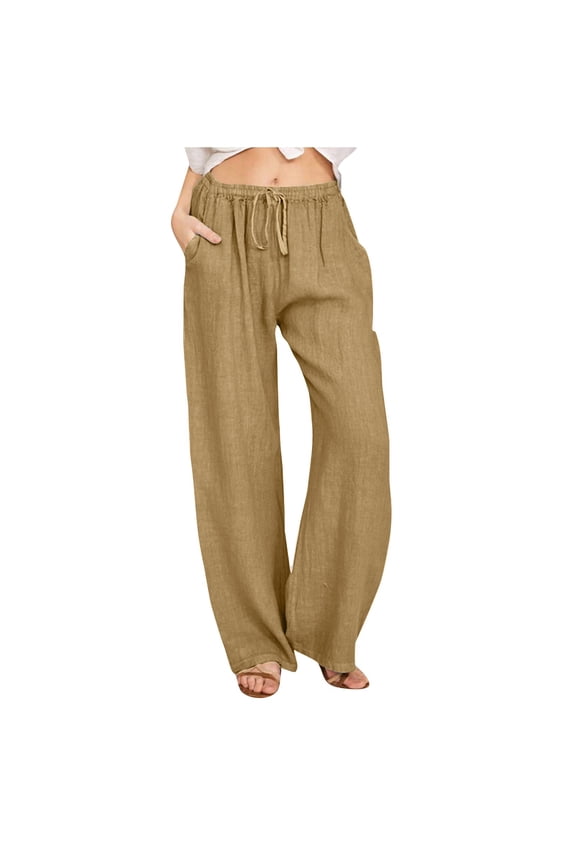 Womens Slacks Women's Relaxed Fit Straight Leg Pants Solid Cotton Linen Drawstring Elastic Waist Long Wide Leg Pants Work Cargo Casual Pants Wide Leg Pants Relaxed Fit Trousers