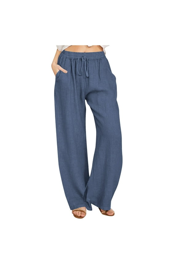 SUOKOM Womens Slacks Women's Relaxed Fit Straight Leg Pants Solid Cotton Linen Drawstring Elastic Waist Long Wide Leg Pants Work Cargo Casual Pants Wide Leg Pants Relaxed Fit Trousers Navy L