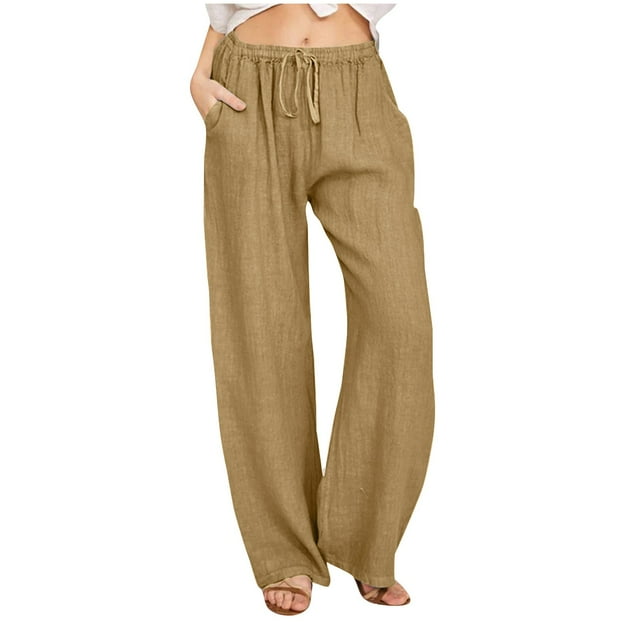 SUOKOM Womens Slacks Women's Relaxed Fit Straight Leg Pants Solid Cotton Linen Drawstring Elastic Waist Long Wide Leg Pants Work Cargo Casual Pants Wide Leg Pants Relaxed Fit Trousers