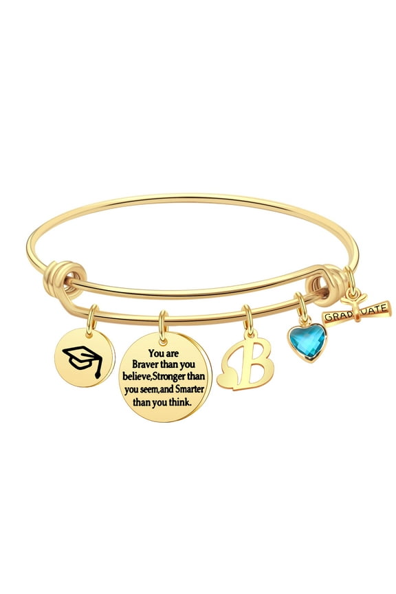 Graduation Gifts Charm Bracelets, 26 Initial Engraved Inspirational Bracelets Quote You Are Braver Than You Believe Stronger Bracelet College Graduation Gifts for Him Her (B)